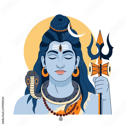 Illustration of the Hindu god Shiva with closed eyes, holding a trident, adorned with a snake and crescent moon, against a yellow circular background.