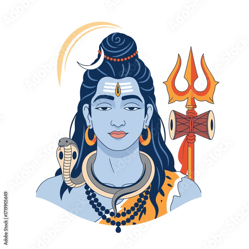 Illustration of Hindu God Shiva with a snake, crescent moon, trident, damaru, and tiger skin on a white background.