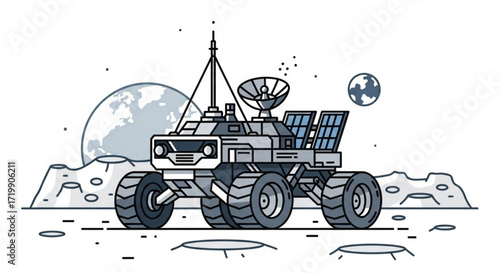 Lunar rover, a vehicle designed for exploring the moons surface, featuring solar panels, antenna, and a rugged design for traversing craters