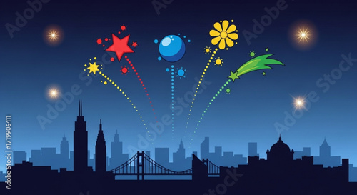Colorful fireworks illuminate the night sky over a city skyline, creating a festive atmosphere for celebration and entertainment with a vibrant display of light