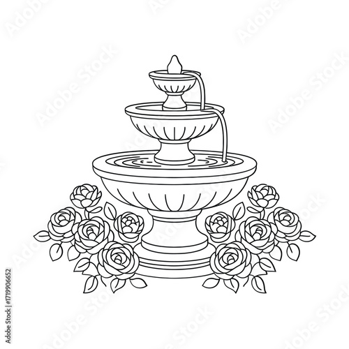 Elegant tiered fountain surrounded by a beautiful border of blooming roses in a classic line art style