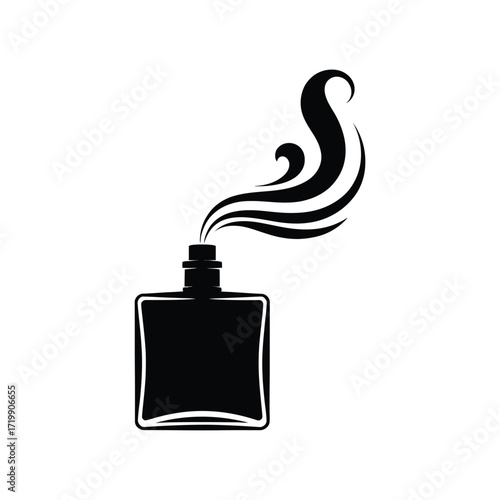 Elegant black silhouette of a perfume bottle with flowing aromatic mist rising