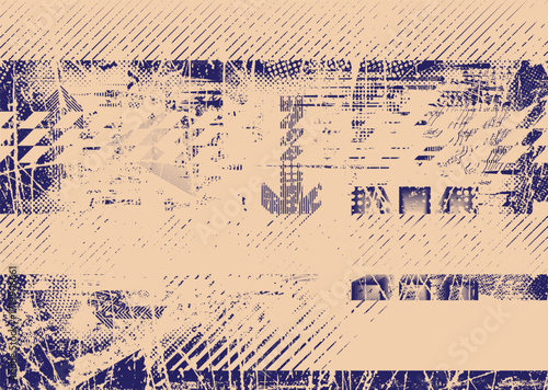 Glitch distorted geometric shape . Noise destroyed logo . Trendy cyber punk poster . Glitched frame .Grunge textured . Distressed effect .Vector shapes with a halftone dots screen print texture.