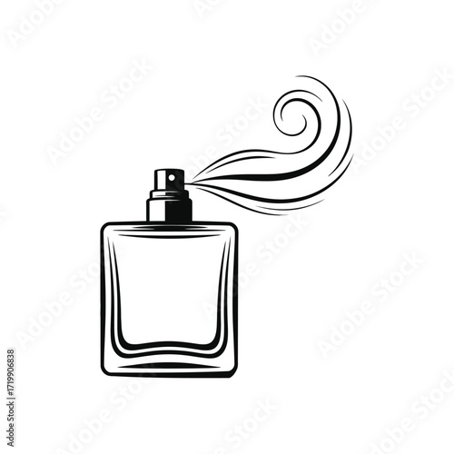 Elegant glass perfume bottle with a spray mist emanating in an artistic sketch style