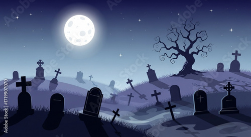 Spooky halloween graveyard scene with tombstones, crosses, a bare tree, and a full moon, creating a chilling and atmospheric landscape for halloween designs