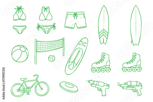 beach, summer, ocean, swimwear, bikini, surfboard, volleyball, sunglasses, flip flops, sand, waves, palm tree, tropical, vacation, outdoors, adventure, activity, recreation, lifestyle, illustration