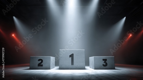 Concrete podium with numbers 123 in a dark moody setting with dramatic spotlights winner first place