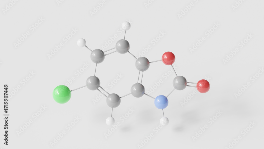 Obraz premium chlorzoxazone molecule 3d, molecular structure, ball and stick model, structural chemical formula skeletal muscle relaxant