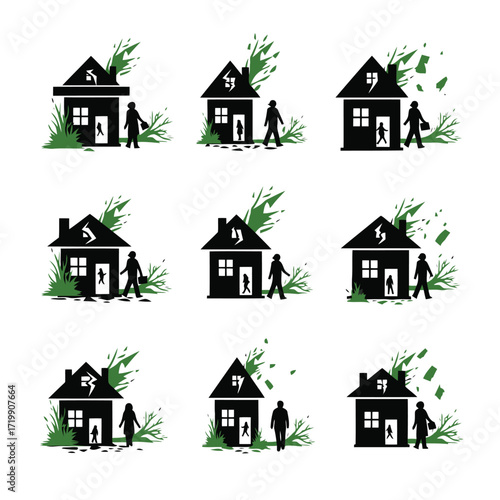 Vector art of silhouette of a person standing outside a damaged house with wind