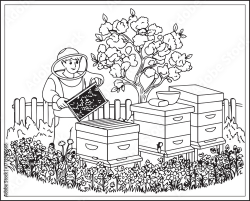 Countryside agriculture theme with farm animals, harvest elements, farmer in natural field black line art vector outline illustration beautiful coloring page for kids
