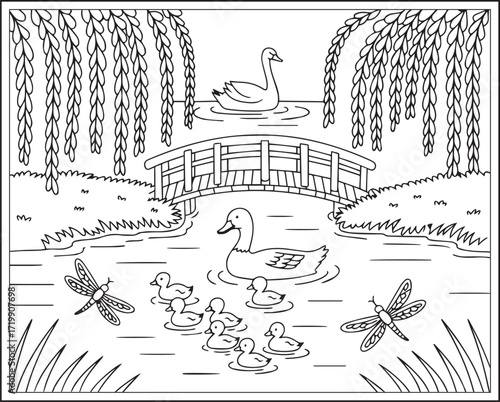 Countryside agriculture theme with farm animals, harvest elements, farmer in natural field black line art vector outline illustration beautiful coloring page for kids