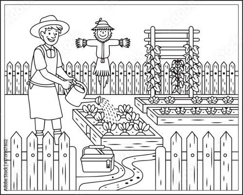 Countryside agriculture theme with farm animals, harvest elements, farmer in natural field black line art vector outline illustration beautiful coloring page for kids