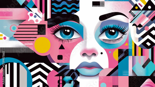 Dynamic digital illustration of woman's face, intricately composed with mosaic of vibrant geometric shapes, abstract patterns, and bold color blocking, evoking modern, stylized pop art aesthetic.