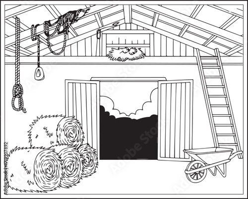 Countryside agriculture theme with farm animals, harvest elements, farmer in natural field black line art vector outline illustration beautiful coloring page for kids