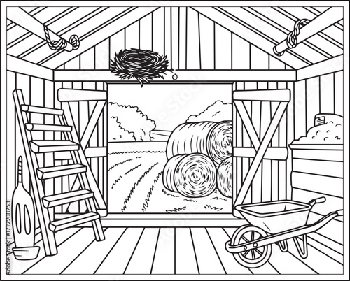 Countryside agriculture theme with farm animals, harvest elements, farmer in natural field black line art vector outline illustration beautiful coloring page for kids