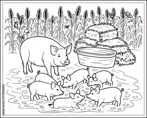 Countryside agriculture theme with farm animals, harvest elements, farmer in natural field black line art vector outline illustration beautiful coloring page for kids