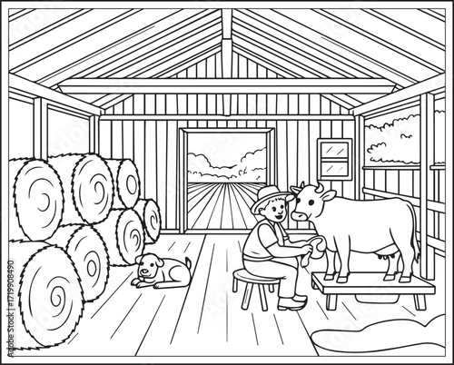 Countryside agriculture theme with farm animals, harvest elements, farmer in natural field black line art vector outline illustration beautiful coloring page for kids