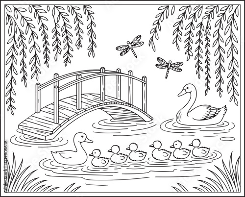 Countryside agriculture theme with farm animals, harvest elements, farmer in natural field black line art vector outline illustration beautiful coloring page for kids