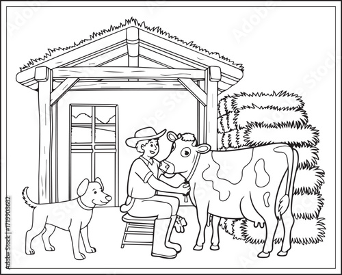 Countryside agriculture theme with farm animals, harvest elements, farmer in natural field black line art vector outline illustration beautiful coloring page for kids