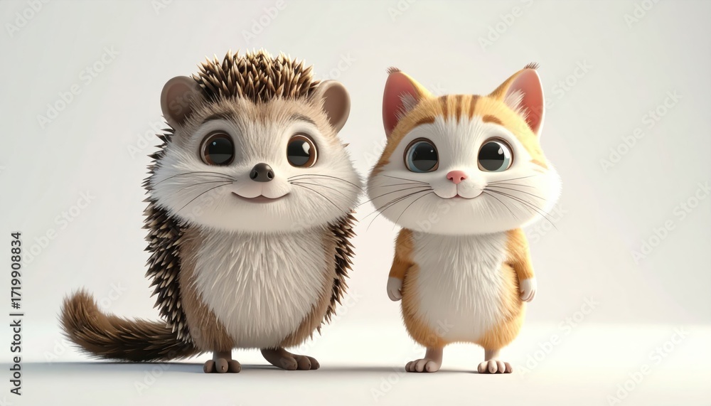 Fototapeta premium Cute cartoon hedgehog and cat