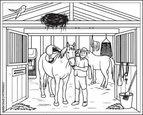 Countryside agriculture theme with farm animals, harvest elements, farmer in natural field black line art vector outline illustration beautiful coloring page for kids