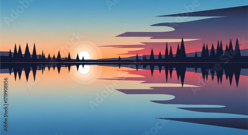 A serene landscape with a sunset over a calm lake, reflecting the silhouettes of trees and clouds, creating a peaceful and tranquil atmosphere