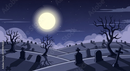 Eerie graveyard scene with tombstones, bare trees, and a bright full moon illuminating the night sky, creating a spooky and atmospheric illustration