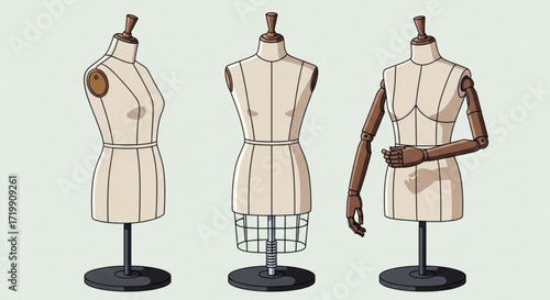 Collection of dressmakers mannequins in various poses, , showcasing tailoring and fashion design elements for creative projects