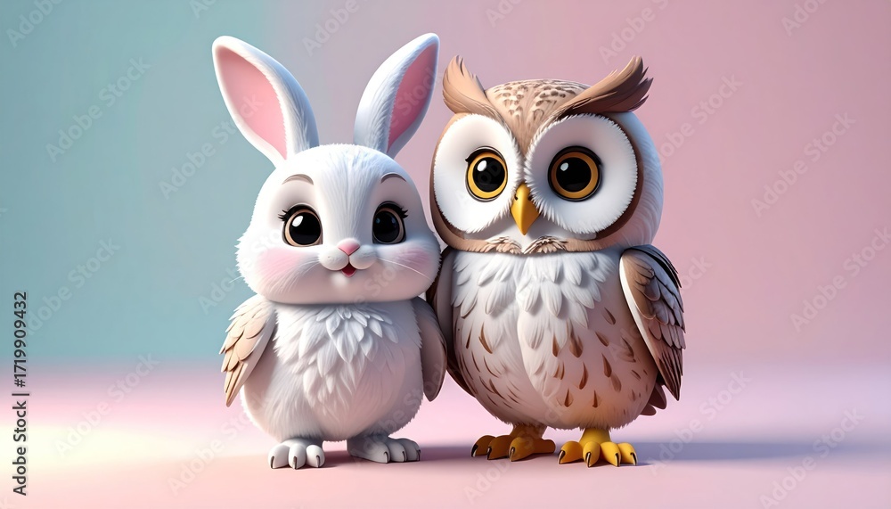 Fototapeta premium Cute cartoon rabbit and owl