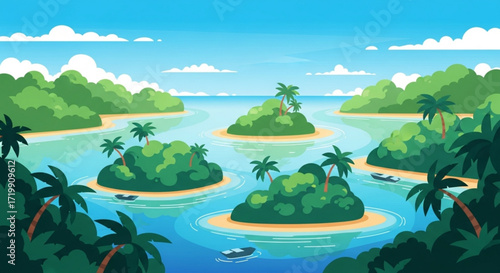 Tropical island landscape with lush greenery, turquoise water, and clear blue sky, creating a serene and inviting scene perfect for travel and vacation themes