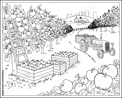 Countryside agriculture theme with farm animals, harvest elements, farmer in natural field black line art vector outline illustration beautiful coloring page for kids