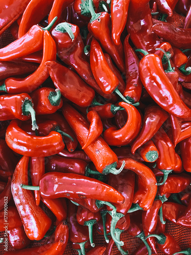 Bright red chili peppers stacked at local food market