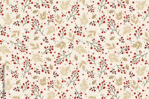 Seamless pattern with red berries, beige oak leaves and twigs, hand drawn vector, soft beige background. Perfect for Christmas, winter textiles, wrapping paper, greeting cards and decor