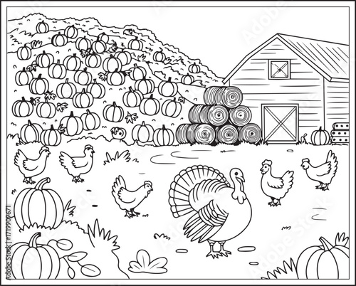 Countryside agriculture theme with farm animals, harvest elements, farmer in natural field black line art vector outline illustration beautiful coloring page for kids