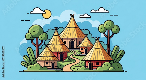 Illustration of a traditional village with thatchedroof houses, surrounded by trees and plants, under a blue sky with clouds, creating a peaceful and idyllic rural scene