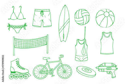 volleyball net, volleyball, surfboard, swimwear, sports bra, shorts, skate, scooter, roller skates, racket, ping pong paddle, hula hoop, frisbee, fitness equipment, exercise bike, cycling shorts