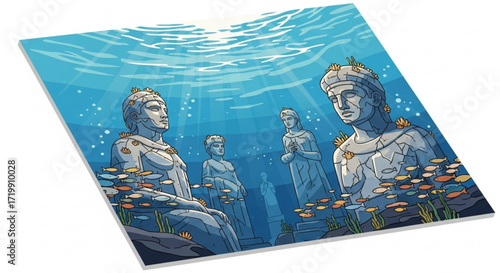 Underwater scene featuring ancient statues adorned with marine life, creating a captivating blend of history and nature in a submerged environment