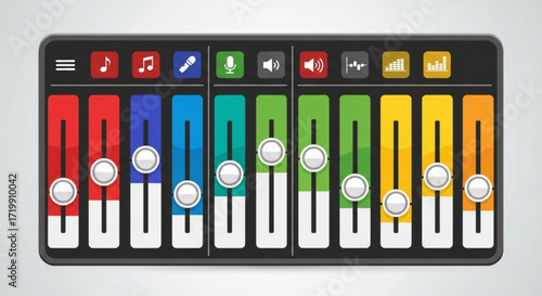 Audio mixer interface with colorful sliders and knobs, , a digital tool for sound engineering and music production