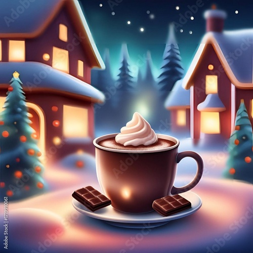 Boisson chaude chocolatée dans une ambiance hivernal.