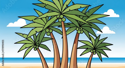 A vibrant cartoon illustration of a tropical beach scene with palm trees, blue sky, white clouds, and a sandy shore, creating a cheerful and summery atmosphere