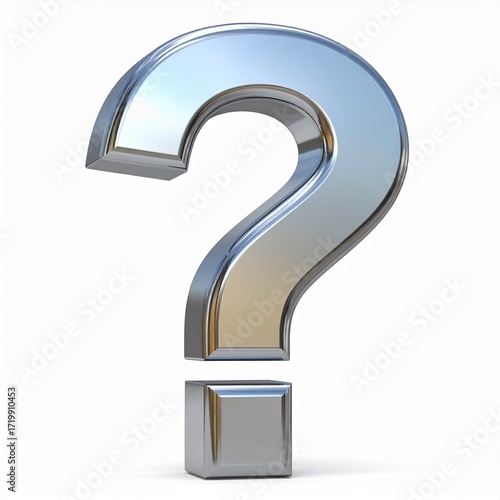 Shiny Metallic Question Mark Symbol of Inquiry, Doubt, and Uncertainty on White Background