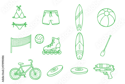 a sketch of various summer and beach related items, including a triangle, shorts, surfboard, volleyball, ukulele, roller skates, frisbee, and bicycle, all drawn in a green outline style