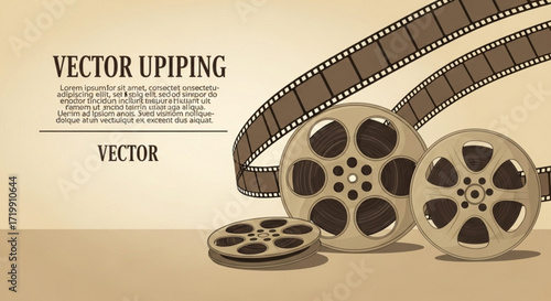 Vintage film reels and filmstrip, evoking a sense of nostalgia and the golden age of cinema, perfect for retrothemed designs and projects