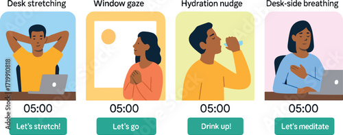 Workplace Microbreak Vignettes with Stretching, Hydration, and Breathing Reminders
