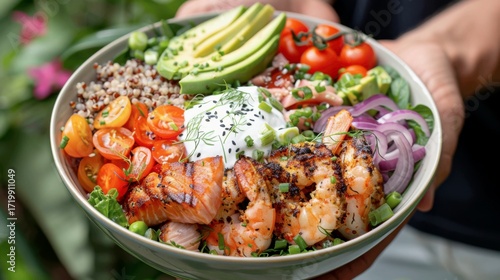 A base of quinoa and mixed greens is topped with grilled shrimp, seared ahi tuna slices, and blackened salmon chunks