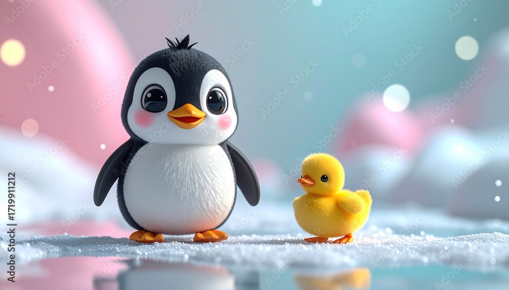 Naklejka premium Cute penguin and duckling
