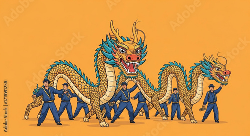 Chinese dragon dance performance with a team of performers isolated on yellow background, showcasing traditional culture, teamwork, and vibrant artistry