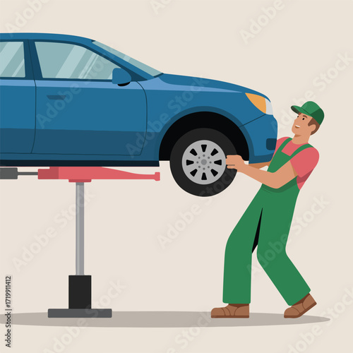 Mechanic in green overalls lifting a car on a hydraulic lift in a garage