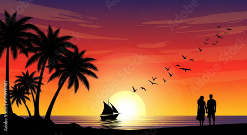 Romantic sunset scene with palm trees, sailboat, birds, and a couple silhouette, capturing the essence of love, tranquility, and tropical paradise