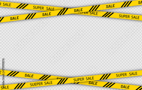 Black Friday sale banner. Discount promo yellow tape. Super Sale ribbon. Template with crossing realistic tapes for discount. Vector illustration.